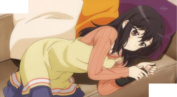 1girl anime_screenshot black_hair brown_eyes brown_hair closed_mouth couch dot_nose ichijou_hotaru indoors long_hair lying non_non_biyori remote stitched third-party_edit tv_remote