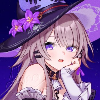 Rule 34 | 1girl, bare shoulders, black choker, black hat, blush, choker, commentary request, detached sleeves, flower, grey hair, hand up, hat, hat flower, herta (honkai: star rail), honkai: star rail, honkai (series), long hair, looking at viewer, open mouth, purple eyes, purple flower, solo, the herta (honkai: star rail), upper body, witch hat, yuna (meoowpuffs)