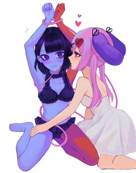 2girls alternate_costume animal_ears armpits arms_up barefoot black_bra black_hair black_panties blue_skin blunt_bangs blunt_ends blush bob_cut bound bound_wrists bra breasts cleavage collarbone colored_blush colored_skin commentary dress ena:_dream_bbq ena_(dream_bbq) ena_(series) ena_(species) eyelashes feet frilled_bra frilled_panties frills hangover_ena highres kneeling lingerie mezo_(usagimarumei) multicolored_skin multiple_girls panties pink_hair prehensile_hair purple_blush rabbit_ears rabbit_girl red_skin sidelocks simple_background sitting sleeveless sleeveless_dress spaghetti_strap symbol-only_commentary twintails two-tone_skin underwear usagimarumei white_dress yuri