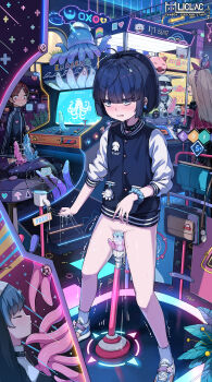 3girls arcade black_choker black_hair blue_eyes choker dildo highres jacket liclac loli lubrication multiple_girls nun object_insertion original pussy_juice sex_toy short_hair socks spread_legs standing tentacles vaginal vaginal_object_insertion white_socks