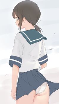1girl ass blue_skirt brown_hair clothes_lift commentary cowboy_shot from_behind fubuki_(kancolle) green_eyes green_sailor_collar hair_tie highres kantai_collection light_blush low_ponytail medium_hair miniskirt nape panties pantyshot pleated_skirt ponytail sailor_collar sakiecho school_uniform serafuku shirt short_ponytail short_sleeves sidelocks simple_background skirt skirt_lift solo standing underwear wedgie white_background white_panties white_shirt wind wind_lift