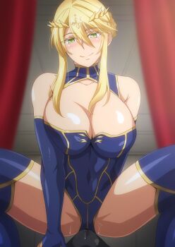 1boy 1girl arm_behind_back artoria_pendragon_(fate) artoria_pendragon_(lancer)_(fate) artoria_pendragon_(lancer)_(third_ascension)_(fate) bare_shoulders blonde_hair blue_gloves blue_leotard blue_thighhighs blush breasts bulge cleavage closed_mouth commentary_request elbow_gloves erection erection_under_clothes fate/grand_order fate_(series) girl_on_top gloves grinding grinding_over_clothes hair_between_eyes hara_(harayutaka) highres large_breasts leotard looking_at_viewer medium_hair pov pussy_juice sidelocks smile solo_focus squatting teasing thighhighs