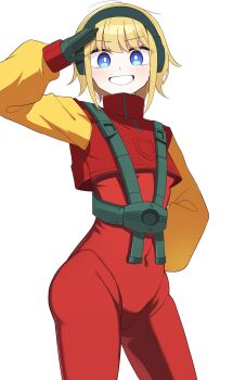 1girl absurdres blonde_hair blue_eyes blush bodysuit covered_navel cropped_jacket genderswap genderswap_(mtf) gloves grey_gloves highres hot_shot_(transformers) humanization idzuki_kenkyu-in jacket looking_at_viewer parted_lips red_bodysuit red_jacket salute short_hair smile solo transformers transformers_armada transformers_unicron_trilogy v-shaped_eyebrows white_background