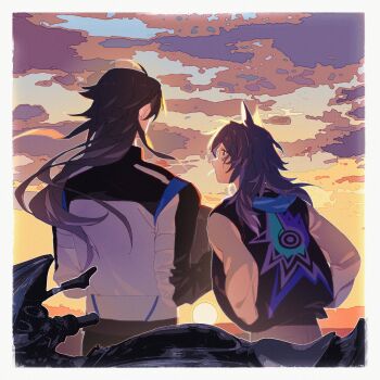 2boys ahoge animal_ears bat_ears biker_clothes black_hair black_jacket blue_eyes border capitano_(genshin_impact) closed_mouth cloud facial_mark facing_away floating_hair from_behind genshin_impact gradient_sky hands_in_pockets hashtag-only_commentary highres jacket letterman_jacket long_hair long_sleeves looking_at_another looking_to_the_side male_focus medium_hair motor_vehicle motorcycle multicolored_jacket multiple_boys ororon_(genshin_impact) print_jacket purple_hair sang_sha sky standing sun sunset two-tone_jacket white_border white_jacket