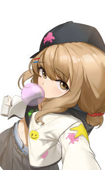 1girl absurdres alternate_costume baseball_cap belt black_hat black_shirt blonde_hair brown_skirt chewing_gum crop_top emoji from_above hair_ornament hairclip hat highres jacket keibi_inu long_sleeves looking_at_viewer midriff namori_(character) navel oomuro_sakurako paint_on_clothes parallel_hairclips pleated_skirt selfie shirt simple_background skirt solo spray_paint star_(symbol) stomach white_background white_belt white_jacket yellow_eyes yuruyuri