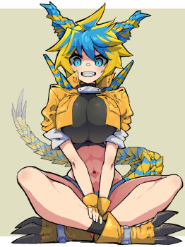 1girl blonde_hair blue_eyes blue_hair blue_horns blue_tail boots border breasts clenched_teeth fingerless_gloves gloves green_background horns indian_style jacket jari_(1986) large_breasts looking_at_viewer midriff monster_hunter_(series) multicolored_hair multicolored_horns multicolored_tail navel orange_boots orange_gloves orange_jacket personification sitting smile solo tail teeth tigrex two-tone_hair white_border yellow_horns yellow_tail