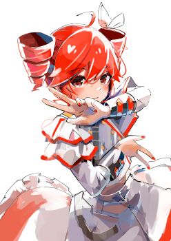 Rule 34 | 1girl, absurdres, ahoge, bow, buttons, double-breasted, double v, drill hair, grey shirt, grey skirt, hair bow, hair ribbon, highres, kasane teto, kasane teto (sv), mp777b, nail polish, red eyes, red hair, red nails, ribbon, shirt, simple background, skirt, solo, synthesizer v, twin drills, utau, v, white background, white bow