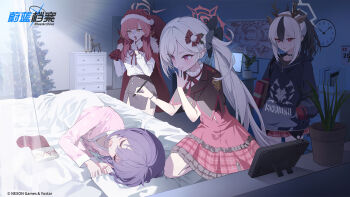 4girls alternate_costume aru_(blue_archive) black_hair black_hoodie blue_archive book door haruka_(blue_archive) hat hood hoodie kayoko_(blue_archive) monitor multicolored_hair multiple_girls mutsuki_(blue_archive) official_art on_bed pajamas plant purple_hair red_eyes santa_hat school_uniform short_hair side_ponytail sleeping socks two-tone_hair white_hair