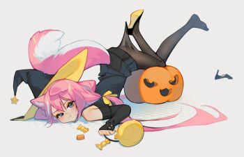 1girl :t animal_ear_fluff animal_ears ass bare_shoulders black_hat black_shoes black_sweater blue_eyes blush bow brown_pantyhose candy_wrapper closed_mouth clothing_cutout commentary english_commentary full_body grey_background hair_between_eyes hair_bow halloween halloween_bucket hat high_heels highres hyanna-natsu jack-o&#039;-lantern long_hair long_sleeves off-shoulder_sweater off_shoulder original pantyhose pink_hair shoe_loss shoe_soles shoes simple_background single_shoe sleeves_past_wrists solo sweater tail tail_through_clothes top-down_bottom-up very_long_hair wavy_mouth witch_hat yellow_bow