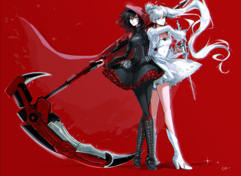 2girls bery0602 black_corset black_dress black_hair black_pantyhose blue_eyes boots breasts cape closed_mouth commentary corset crescent_rose crossed_legs dress earrings floating_hair frills full_body grey_eyes high_heel_boots high_heels highres holding holding_scythe holding_sword holding_weapon hood hood_up hooded_cape jewelry long_hair medium_breasts multiple_girls myrtenaster pantyhose ponytail red_background red_cape red_hood ruby_rose rwby scythe simple_background small_breasts standing sword symbol-only_commentary very_long_hair watson_cross weapon weiss_schnee white_dress white_hair
