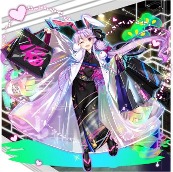 Rule 34 | 1girl, alternate costume, animal ears, bag, black kimono, black sandals, black socks, bow, coat, full body, furisode, game cg, hair bow, heart, highres, japanese clothes, kimono, long hair, long sleeves, looking at viewer, obi, obiage, obijime, official art, one eye closed, open clothes, open coat, open mouth, pink bow, pink eyes, purple hair, rabbit ears, rabbit girl, reisen udongein inaba, rotte (1109), sandals, sash, see-through clothes, see-through coat, shopping bag, smile, socks, solo, third-party source, touhou, touhou lostword, transparent background, very long hair, wide sleeves