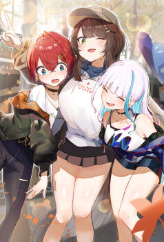 3girls :d ^_^ absurdres ange_katrina ange_katrina_(5th_costume) animal_ears autumn bare_legs bare_shoulders baseball_cap black_choker black_jacket black_shorts blue_eyes blue_hair blue_hat blue_jacket blue_pants blurry blush bokeh breasts brown_hat brown_skirt choker closed_eyes clothes_writing collarbone colored_inner_hair commentary_request crossed_bangs day denim depth_of_field dog_ears double-parted_bangs earrings ears_down falling_leaves fangs gold_earrings hair_between_eyes hair_ornament hairclip hand_up hat hat_loss highres hood hoodie inui_toko inui_toko_(fall_casual) jacket jeans jewelry large_breasts leaf lize_helesta lize_helesta_(8th_costume) long_hair long_sleeves looking_at_breasts looking_at_viewer medium_breasts miniskirt multicolored_hair multiple_girls nijisanji off_shoulder one_eye_closed open_clothes open_jacket open_mouth orange_jacket outdoors outline pants pendant_choker pleated_skirt puffy_long_sleeves puffy_sleeves red_hair sanbaka_(nijisanji) shirt short_hair shorts side-by-side single_hair_intake skirt small_sweatdrop smile standing streaked_hair swept_bangs tank_top terea236565905 torn_clothes torn_jeans torn_pants triangle_earrings two-sided_fabric two-sided_jacket two-tone_hair unworn_hat unworn_headwear v virtual_youtuber white_hair white_hoodie white_outline white_shirt white_tank_top yellow_eyes