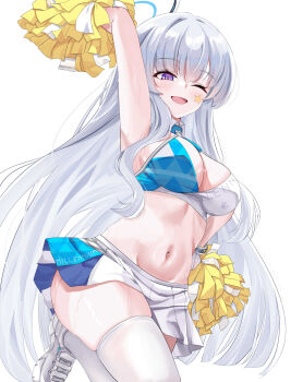 1girl absurdres alternate_costume arm_up armpits blue_archive cheering cheerleader crop_top halo highres holding holding_pom_poms long_hair mechanical_halo millennium_cheerleader_outfit_(blue_archive) navel noa_(blue_archive) one_eye_closed pom_pom_(cheerleading) pom_poms purple_eyes skirt smile solo sports_bra standing standing_on_one_leg star_(symbol) star_sticker sticker sticker_on_face sweat text_print thighhighs two-tone_sports_bra white_background white_hair white_halo white_skirt white_thighhighs yoshino_sakura_(0db5t510388113n)