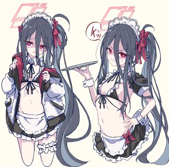 1girl absurdres alternate_costume anger_vein apron bikini black_bikini black_hair black_skirt blue_archive bright_pupils commentary_request detached_collar enmaided flat_chest frilled_bikini frilled_skirt frilled_thigh_strap frills front-tie_bikini_top front-tie_top hair_between_eyes halo highres kanikama_acedia kei_(blue_archive) long_hair maid maid_apron maid_bikini maid_headdress miniskirt one_side_up red_eyes red_halo ringed_eyes skirt speech_bubble spoken_anger_vein swimsuit thigh_strap unconventional_maid very_long_hair waist_apron white_apron white_wrist_cuffs wrist_cuffs