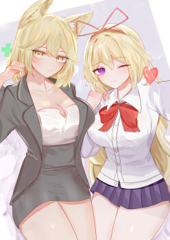 absurdres alternate_costume animal_ears black_jacket black_skirt blonde_hair blush breasts cleavage collarbone expressionless fox_ears fox_girl heart highres jacket large_breasts light_smile long_hair looking_at_viewer medium_hair office_lady one_eye_closed open_clothes open_jacket paraselene purple_eyes purple_skirt ribbon school_uniform shirt signature skirt thighs touhou white_shirt yakumo_ran yakumo_yukari yellow_eyes