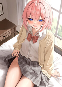 1girl :d bed blue_eyes bow bowtie cabinet cardigan clothes_lift collared_shirt commentary_request curtains from_above hair_ornament highres koakuma-chan_(monaka_curl) lifting_own_clothes long_sleeves looking_at_viewer monaka_curl no_panties on_bed open_cardigan open_clothes open_mouth original pink_hair plaid_clothes plaid_skirt presenting red_bow red_bowtie school_uniform shirt skirt skirt_lift smile solo thighs white_shirt window x_hair_ornament yellow_cardigan