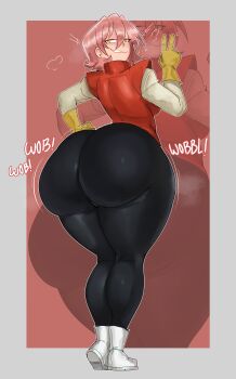 1girl ass ass_focus boots breasts cameltoe come_hither flcl from_behind garpsand gloves grin haruhara_haruko huge_ass jiggle looking_at_viewer looking_back medium_breasts medium_hair pants pink_hair sideboob smile solo thick_thighs thighs tight_clothes tight_pants v vest yellow_eyes