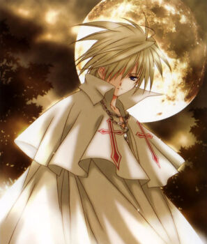 Rule 34 | 00s, aquarian age, blonde hair, cloak, cross, frown, hair over one eye, nanase aoi, night, short hair, sky, tree