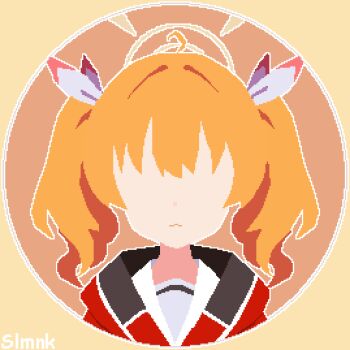 1girl absurdres ahoge blue_archive border choppy_bangs closed_mouth facing_viewer halo hashtag-only_commentary highres jacket medium_hair minimalism no_eyes orange_background orange_hair pixel_art portrait red_jacket slmnk10124 solo twintails yellow_border yellow_halo yoshimi_(blue_archive)