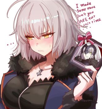 Rule 34 | 0nineo9, 1girl, absurdres, ahoge, black dress, blue coat, blush, box, breasts, cleavage, closed mouth, coat, dress, english text, fate/grand order, fate (series), fur-trimmed coat, fur trim, gift, gift box, grey hair, highres, jeanne d'arc alter (avenger) (fate), jeanne d'arc alter (fate), jeanne d'arc alter (ver. shinjuku 1999) (fate), jewelry, large breasts, long sleeves, looking to the side, necklace, open clothes, open coat, short hair, solo, valentine, yellow eyes