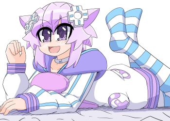 admiral_harizumi choker d-pad d-pad_hair_ornament feet hair_ornament matching_hair/eyes neptune_(neptunia) neptune_(series) no_shoes open_mouth parka purple_eyes purple_hair short_hair soles striped_legwear white_background