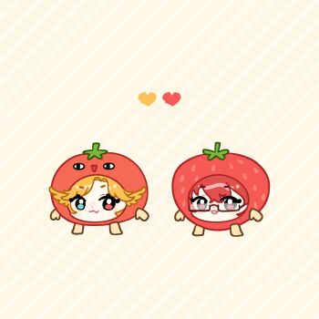 1boy 1girl absurdres blonde_hair blue_eyes chibi chibi_only closed_mouth diagonal-striped_background dokibird dokibird_(bounty_hunter) dokibird_(tomato) fang glasses hair_wings heart heterochromia highres indie_utaite indie_virtual_youtuber jeanadraws looking_at_viewer red_eyes red_hair skin_fang smile strawberry_costume striped_background tomato_costume two-tone_background virtual_youtuber xandu_(utaite)