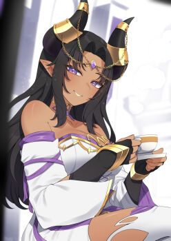 1girl black_gloves black_hair breasts cleavage collarbone commission cup ebyssa_(vtuber) fingerless_gloves gloves highres holding holding_cup horn_ornament horns indie_virtual_youtuber long_hair pointy_ears purple_eyes smile solo tan valefal_coneri virtual_youtuber