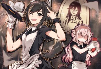 Rule 34 | 2girls, ;d, ahoge, animal ears, apron, azai eimi, bessyo bell, black dress, black hair, black scrunchie, bottle, braid, braided hair rings, brown hair, collared dress, colonel sanders, colonel sanders (cosplay), commentary request, cosplay, crossed bangs, d4dj, date-chan (d4dj), dress, glasses, gloves, hair intakes, hair rings, holding, holding bottle, holding record, kemonomimi mode, ketchup bottle, kfc, long hair, looking at viewer, maid, maid apron, maid headdress, mini eyewear, multicolored hair, multiple girls, no eyes, one eye closed, open mouth, orange outline, outline, pink hair, pink outline, scrunchie, short hair, short sleeves, sidelocks, single glove, smile, streaked hair, swept bangs, tail, upper body, waist apron, white apron, white gloves, wolf ears, wolf tail, wrist scrunchie, yukitake (bullfalk)