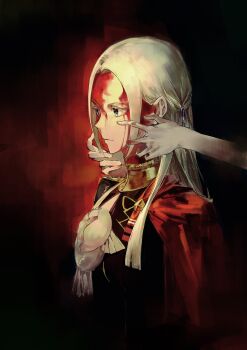 1girl 1other blonde_hair blood blood_on_face breasts capelet closed_mouth commentary edelgard_von_hresvelg english_commentary fire_emblem fire_emblem:_three_houses from_side garreg_mach_monastery_uniform hair_ribbon highres lkppp long_hair long_sleeves military_uniform nintendo parted_bangs purple_eyes purple_ribbon red_capelet ribbon small_breasts solo_focus spotlight standing upper_body