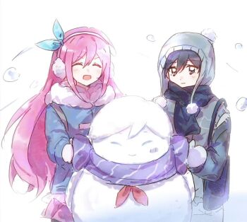 Rule 34 | 1boy, 1girl, :d, ^ ^, alternate costume, aubrey (faraway) (omori), aubrey (omori), black eyes, black hair, black pantyhose, black scarf, black sleeves, blue bow, blue jacket, bow, bow hairband, building snowman, character snowman, chinese commentary, closed eyes, closed mouth, commentary request, cowboy shot, dot nose, double-parted bangs, earmuffs, flat chest, fur-trimmed jacket, fur trim, grey hat, grey mittens, grey pants, grey sweater vest, hair between eyes, hairband, hat, jacket, light smile, long hair, long sleeves, looking at another, miniskirt, mittens, neckerchief, omori, open mouth, pants, pantyhose, pink hair, pink skirt, pleated skirt, pom pom (clothes), puffy long sleeves, puffy sleeves, purple scarf, red neckerchief, scarf, short hair, sidelocks, simple background, skirt, smile, snow, snowman, standing, straight hair, sunny (omori), sweater vest, very long hair, very short hair, white background, xinjinjumin031936940703