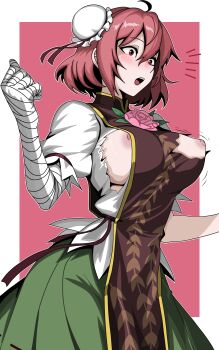 Rule 34 | 1girl, absurdres, bandaged arm, bandages, bilingual commentary, breasts, bun cover, commentary, double bun, flower, green skirt, hair bun, highres, ibaraki kasen, kinoshii-shroom, large breasts, mixed-language commentary, nipples, no bra, open mouth, pink flower, pink hair, pink rose, puffy short sleeves, puffy sleeves, red eyes, red tabard, rose, shirt, short sleeves, skirt, solo, tabard, teeth, torn clothes, torn shirt, torn tabard, touhou, upper teeth only, white shirt