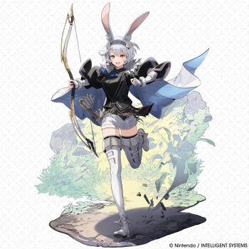 1girl :d absurdres animal_ears artist_request boots bow_(weapon) breasts commentary company_name english_commentary estel_(fire_emblem) fire_emblem fire_emblem_shadows full_body highres holding holding_bow_(weapon) holding_weapon medium_breasts nintendo official_art open_mouth quiver rabbit_ears rabbit_girl second-party_source short_hair short_shorts shorts smile solo teeth thigh_boots thighs upper_teeth_only weapon white_hair