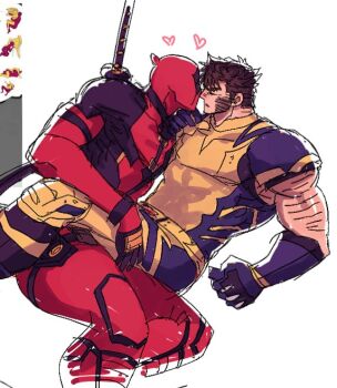 2boys arm_hair bara beard bodysuit boots brown_hair closed_eyes commentary_request couple deadpool deadpool_&amp;_wolverine deadpool_(series) facial_hair gloves heart imminent_kiss katana male_focus marvel multicolored_bodysuit multiple_boys muscular muscular_male open_mouth pectorals ppoooooolvrmm red_bodysuit red_mask short_hair sword sword_on_back two-tone_bodysuit weapon weapon_on_back wolverine_(x-men) x-men yaoi yellow_bodysuit