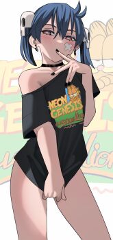 1girl black_nails black_shirt blush character_print choker collarbone commentary covering_crotch covering_privates earrings english_commentary finger_to_mouth garfield garfield_(character) hair_between_eyes hair_ornament half-closed_eyes hand_up highres hoop_earrings jewelry ji-yoon_(jourd4n) jourd4n looking_at_viewer nail_polish off_shoulder shirt short_sleeves single_bare_shoulder skull_hair_ornament solo thighs twintails white_background zoom_layer