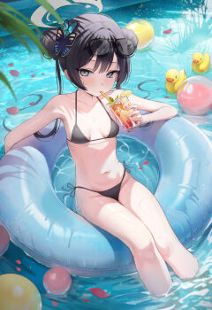 1girl absurdres alternate_costume ball beachball bikini black_bikini blue_archive blush braid braided_bun breasts butterfly_hair_ornament cup double_bun drink drinking drinking_glass drinking_straw drinking_straw_in_mouth eyewear_on_head feet_in_water fingernails food fruit grey_eyes grey_halo hair_bun hair_ornament halo hand_up highres holding holding_drink kisaki_(blue_archive) lemon lemon_slice lifebuoy light_blush loli loloco long_hair looking_at_viewer navel on_innertube on_water outdoors panties partially_submerged pool reflection rubber_duck side-tie_bikini_bottom side-tie_panties small_breasts solo sunglasses_on_head swim_ring swimsuit thighs twintails underwear very_long_hair water wet