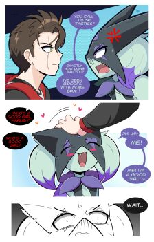 1boy 1girl 3koma :3 ^_^ absurdres alternate_color anger_vein angry artist_self-insert black_jacket body_fur closed_eyes closed_mouth colored_tips comic constricted_pupils cropped_torso english_text eye_contact fang from_side furry furry_female green_eyes green_fur green_hair grey_shirt hand_on_another's_head happy headpat heart highres hood hood_down hooded_sweater jacket long_sleeves looking_at_another meowscarada mood_swing motion_lines mr._death multicolored_hair multiple_views nintendo open_mouth original outline pokemon pokemon_(creature) profile purple_eyes purple_hair raised_eyebrows red_sweater scar scar_across_eye scar_on_face shiny_pokemon shirt short_hair sideways_mouth smile speech_bubble spoken_heart sweat sweater talking two-tone_hair upper_body watermark white_outline