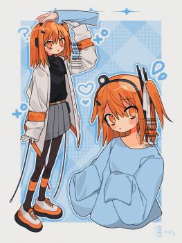 1girl 1other a.i._voice adachi_rei black_pantyhose blue_background blue_shirt commentary full_body grey_skirt headpat highres jacket long_sleeves looking_at_viewer medium_hair miniskirt multiple_views nasi_(na_si) one_side_up open_clothes open_jacket orange_eyes orange_hair pantyhose pleated_skirt shirt skirt sleeves_past_fingers sleeves_past_wrists standing symbol-only_commentary upper_body utau watermark white_jacket