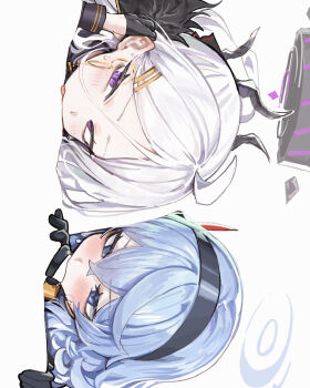 Rule 34 | 1girl, 2girls, absurdres, ahoge, ako (blue archive), blue archive, blue eyes, blue hair, blush, commentary, demon girl, demon horns, fellatio, halo, highres, hina (blue archive), horns, licking, licking nipple, long hair, looking at viewer, multiple girls, nipple stimulation, oral, purple eyes, suitshark, tongue, tongue out, white hair