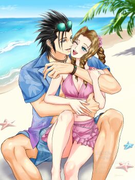 1boy 1girl aerith_gainsborough aerith_gainsborough_(pink_mermaid) bare_legs beach bikini bikini_skirt black_hair blue_eyes blue_shirt blue_swim_trunks bracelet braid braided_ponytail breasts brown_hair cheek-to-cheek cleavage commentary_request couple drill_hair drill_sidelocks eyewear_on_head feet_out_of_frame final_fantasy final_fantasy_vii final_fantasy_vii:_ever_crisis final_fantasy_vii_rebirth final_fantasy_vii_remake floral_print heads_together hetero highres horizon hug hug_from_behind jewelry long_hair looking_at_viewer marumaruru5 navel ocean official_alternate_costume one_eye_closed open_clothes open_mouth open_shirt outdoors palm_tree parted_bangs pink_bikini ponytail print_shirt sand shirt short_sleeves sidelocks sitting sitting_between_lap sitting_on_lap sitting_on_person small_breasts smile spiked_hair starfish stomach sunglasses swimsuit tree zack_fair zack_fair_(surfer_look)