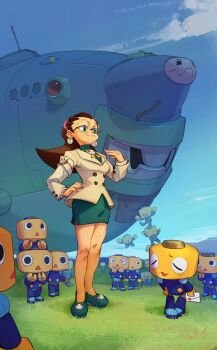 1girl absurdres blue_sky breasts brown_hair closed_eyes cloud day earrings grass green_eyes green_footwear green_skirt hair_pulled_back hairband highres jewelry letter long_hair long_sleeves medium_breasts mega_man_(series) mega_man_legends_(series) on_grass outdoors pink_hairband robot servbot_(mega_man) skirt skull_earrings sky smile tron_bonne_(mega_man) zeker_art