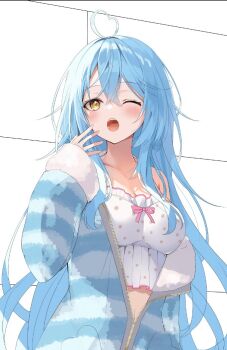 1girl ahoge aqua_jacket blue_hair blush bob_cut breasts camisole cleavage collarbone commentary elf english_commentary fluffy_clothes fur-trimmed_jacket fur-trimmed_sleeves fur_trim fuyoyo hair_between_eyes hair_ornament heart heart_ahoge hololive jacket large_breasts long_hair looking_at_viewer official_alternate_costume one_eye_closed open_mouth partially_unzipped pointy_ears polka_dot polka_dot_camisole sleepwear solo striped_clothes striped_jacket thighs very_long_hair virtual_youtuber waking_up white_camisole yawning yellow_eyes yukihana_lamy yukihana_lamy_(roomwear)