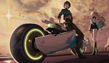 1boy 1girl absurdres aqua_necktie black_gloves black_jacket black_skirt boots braid braided_bangs collared_jacket commentary_request earrings gloves grey_shirt hair_extensions hair_ornament headphones headphones_around_neck highres id_card jacket jewelry lynae_(wuthering_waves) male_rover_(wuthering_waves) motor_vehicle motorcycle necktie pants ring_hair_extensions rover_(wuthering_waves) shirt shirt_tucked_in skirt skull_hair_ornament star_(symbol) star_earrings tenbird wuthering_waves