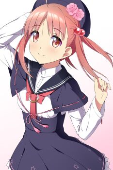 Rule 34 | 1girl, absurdres, black sailor collar, blue capelet, blue skirt, capelet, gradient background, hair bobbles, hair ornament, highres, isshiki momo, long hair, neckerchief, nonbe, pink background, pink hair, red eyes, red neckerchief, sailor collar, sailor shirt, school uniform, serafuku, shirt, skirt, smile, solo, twintails, vividred operation, white background, white shirt