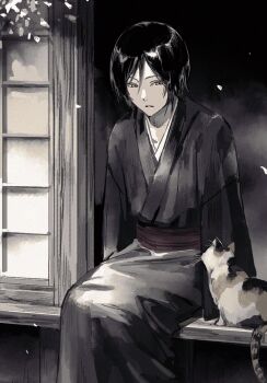 1boy animal black_hair cat commentary_request falling_petals highres kichigo_1218 looking_at_animal male_focus matoba_seiji natsume_yuujinchou parted_lips petals pink_eyes short_hair sitting solo teeth white_petals