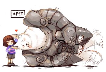 Rule 34 | :3, androgynous, armor, bad id, bad tumblr id, brown hair, closed eyes, dog, eu-lette, frisk (undertale), gender request, greater dog, grin, headpat, heart, hugging own legs, lying, on side, shirt, short hair, shorts, simple background, size difference, smile, striped clothes, striped shirt, sweater, tail, tail wagging, tongue, tongue out, undertale, utdr (toby fox)