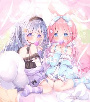 Rule 34 | 2girls, animal ears, bare shoulders, between legs, black dress, blue eyes, blue jacket, blush, candy, closed mouth, commentary request, dress, floppy ears, food, frilled pillow, frills, gradient hair, grey hair, hair between eyes, hand between legs, haru ichigo, heart, heart-shaped food, heart-shaped lollipop, heart-shaped pillow, highres, holding, holding candy, holding food, holding lollipop, hood, hood down, hooded jacket, jacket, lollipop, long hair, long sleeves, low twintails, multicolored hair, multiple girls, no shoes, off-shoulder dress, off shoulder, open clothes, open jacket, original, pillow, pink hair, puffy long sleeves, puffy sleeves, purple eyes, purple hair, purple jacket, rabbit ears, rabbit girl, rabbit tail, sample watermark, shaped lollipop, sitting, smile, socks, squirrel ears, squirrel girl, squirrel tail, striped clothes, striped socks, tail, twintails, two side up, very long hair, wariza, watermark, white dress