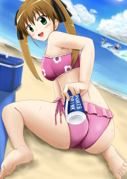 Rule 34 | 10s, 1girl, :d, all fours, ass, barefoot, beach, bikini, blush, brown hair, can, cooler, day, dog days, dutch angle, fuuma nagi, green eyes, hair ribbon, ocean, open mouth, perspective, pocari sweat, rebecca anderson, ribbon, cinque izumi, side-tie bikini bottom, smile, surfing, swimsuit, takatsuki nanami, twintails
