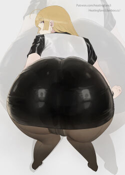 1girl ass ass_focus bent_over black_pantyhose black_skirt blonde_hair earrings from_behind full_body highres hoop_earrings huge_ass jewelry leaning_forward long_hair looking_at_viewer looking_back mmmmmkun original pantyhose shadow shirt skirt solo zoom_layer