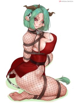 1girl animal_ears ass bdsm bell blue_eyes bodystocking bondage bound bound_arms breast_bondage breasts cleavage collar colored_sclera commentary cow_ears cow_girl cow_horns cow_tail cowbell crelly dress english_commentary feet female_focus fishnet_bodystocking fishnets green_hair grey_sclera heterochromia highres horns huge_ass indie_virtual_youtuber large_breasts legs red_dress red_eyes rope shibari short_hair simple_background tail tezy8art thighhighs thighs toes virtual_youtuber white_background