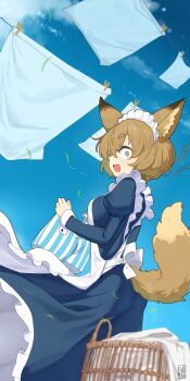 Rule 34 | 1girl, animal ear fluff, animal ears, apron, basket, bed sheet, blue dress, blue sky, blurry, borrowed character, bouhuman, bow, boxers, breasts, clothesline, cloud, commentary request, day, depth of field, dress, fang, fox ears, fox girl, fox tail, frilled apron, frills, from side, gosu mei (sakifox), green eyes, highres, internet yamero, juliet sleeves, long sleeves, looking at viewer, maid, maid headdress, male underwear, medium breasts, medium hair, open mouth, puffy sleeves, sanpaku, sky, solo, tail, underwear, white apron, wind